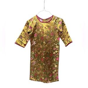 Vintage Cheongsam Qipao Floral Satin yellow Pink Dress size 10